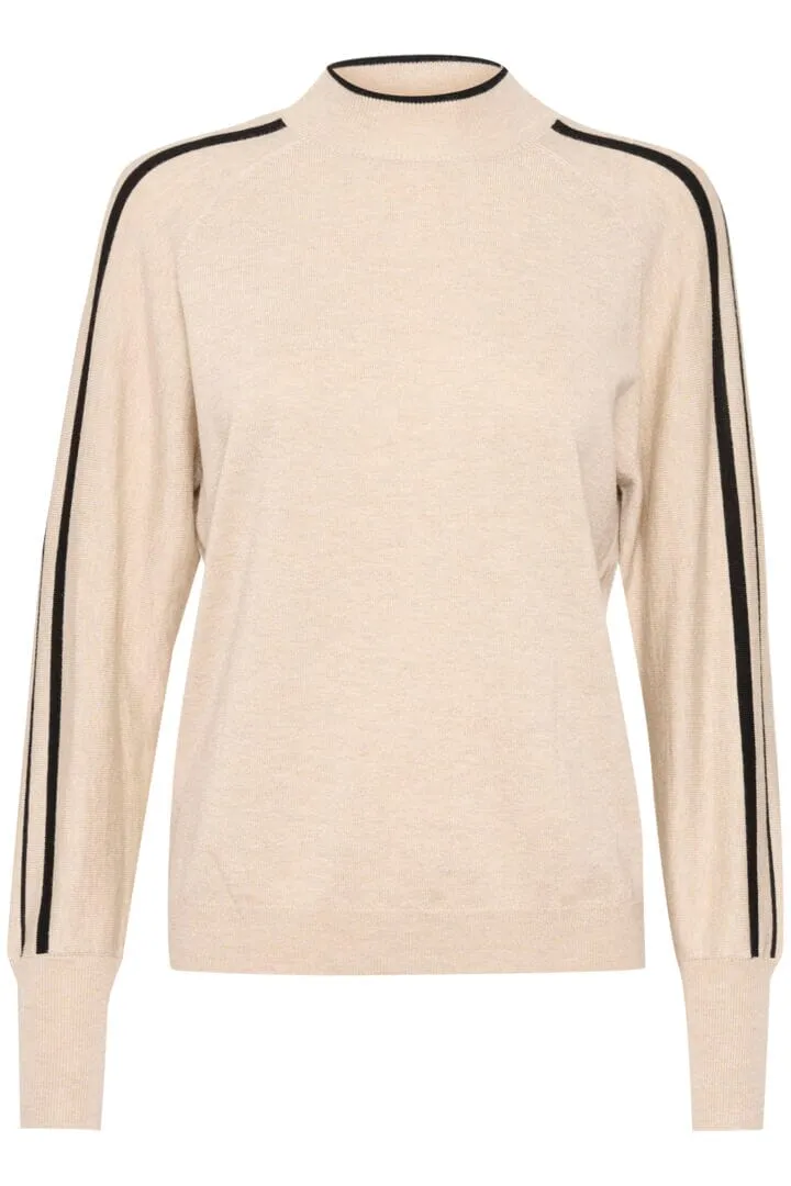 BEIGE KNIT SWEATER WITH STRIPED DETAIL ON SLEEVE