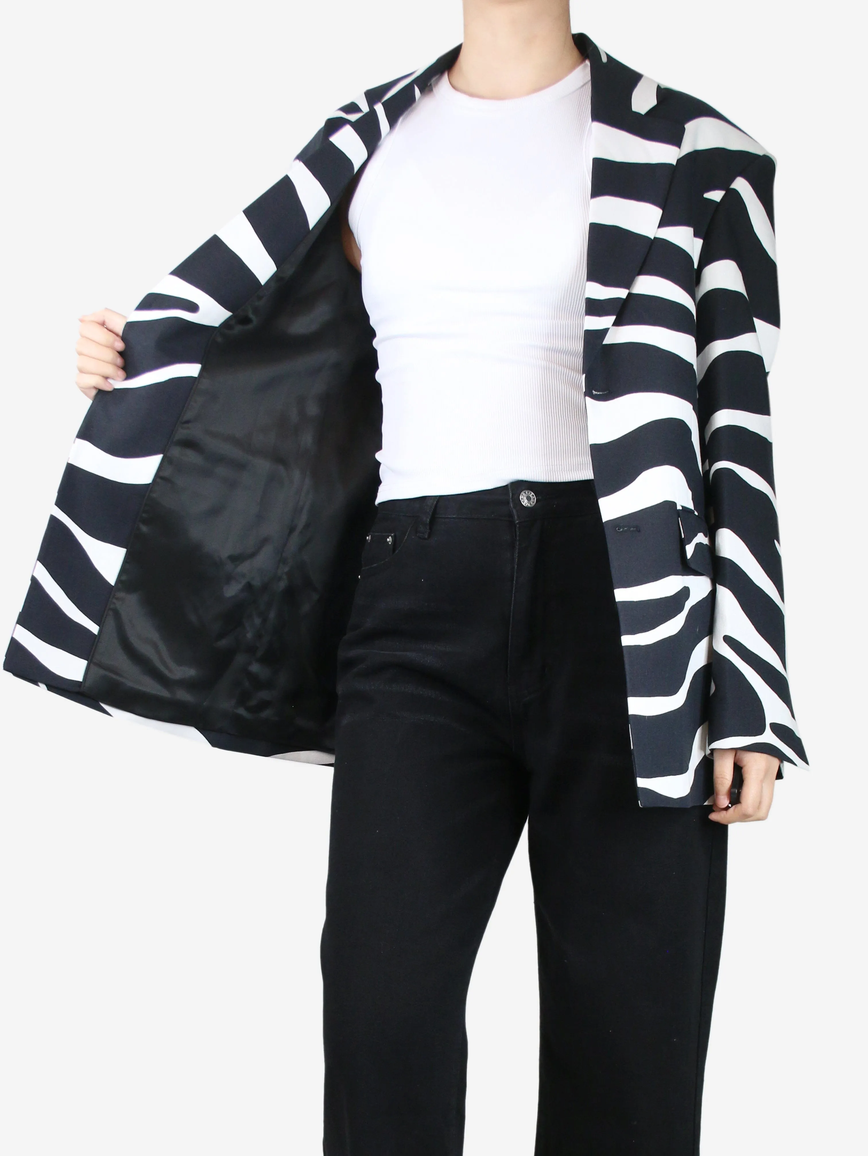 Black structured shoulders zebra blazer - size UK 8