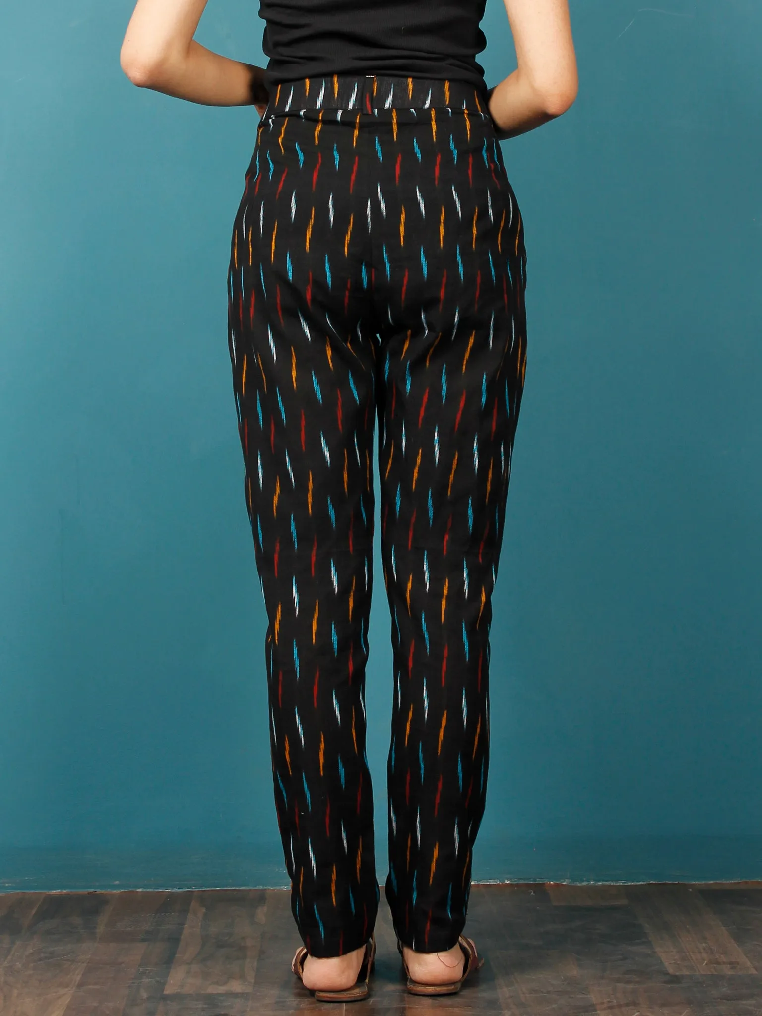 Black Turquoise Blue Red Rust Hand Woven Ikat Cigarette Pants - T032F716