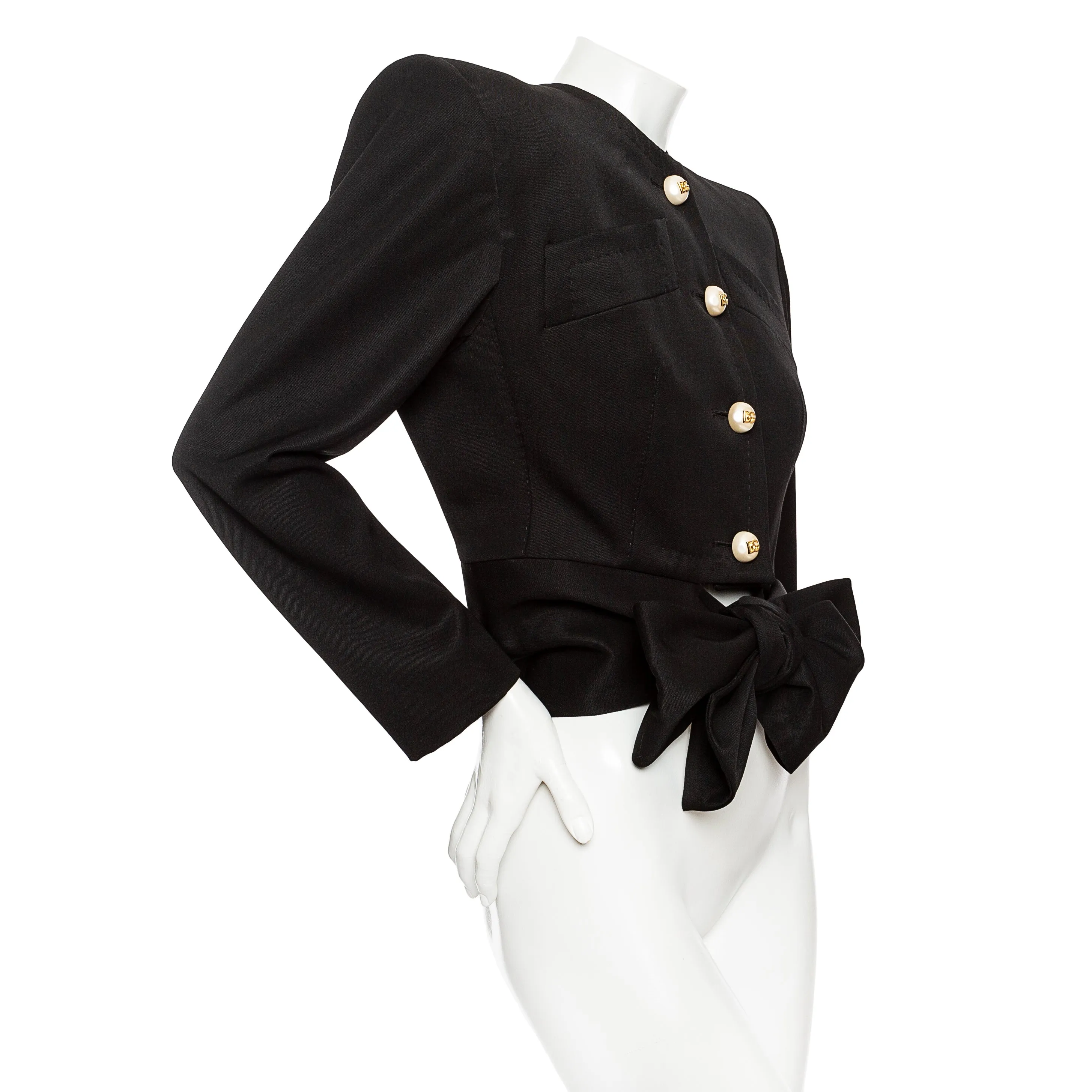 Black Wool Structured Tie-Waist Blazer