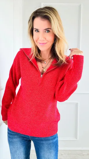 City Girl Half-Zip Knit Sweater - Ruby