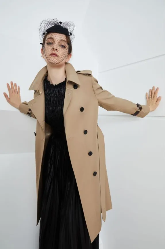 Element Autumn Winter Khaki Mid Length Trench Coat Slim Fit Slimming Elegant Trench Coat Women