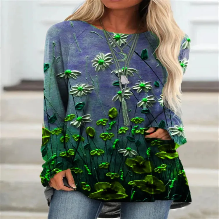 Fashion casual round neck long sleeve floral retro casual top