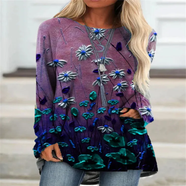 Fashion casual round neck long sleeve floral retro casual top