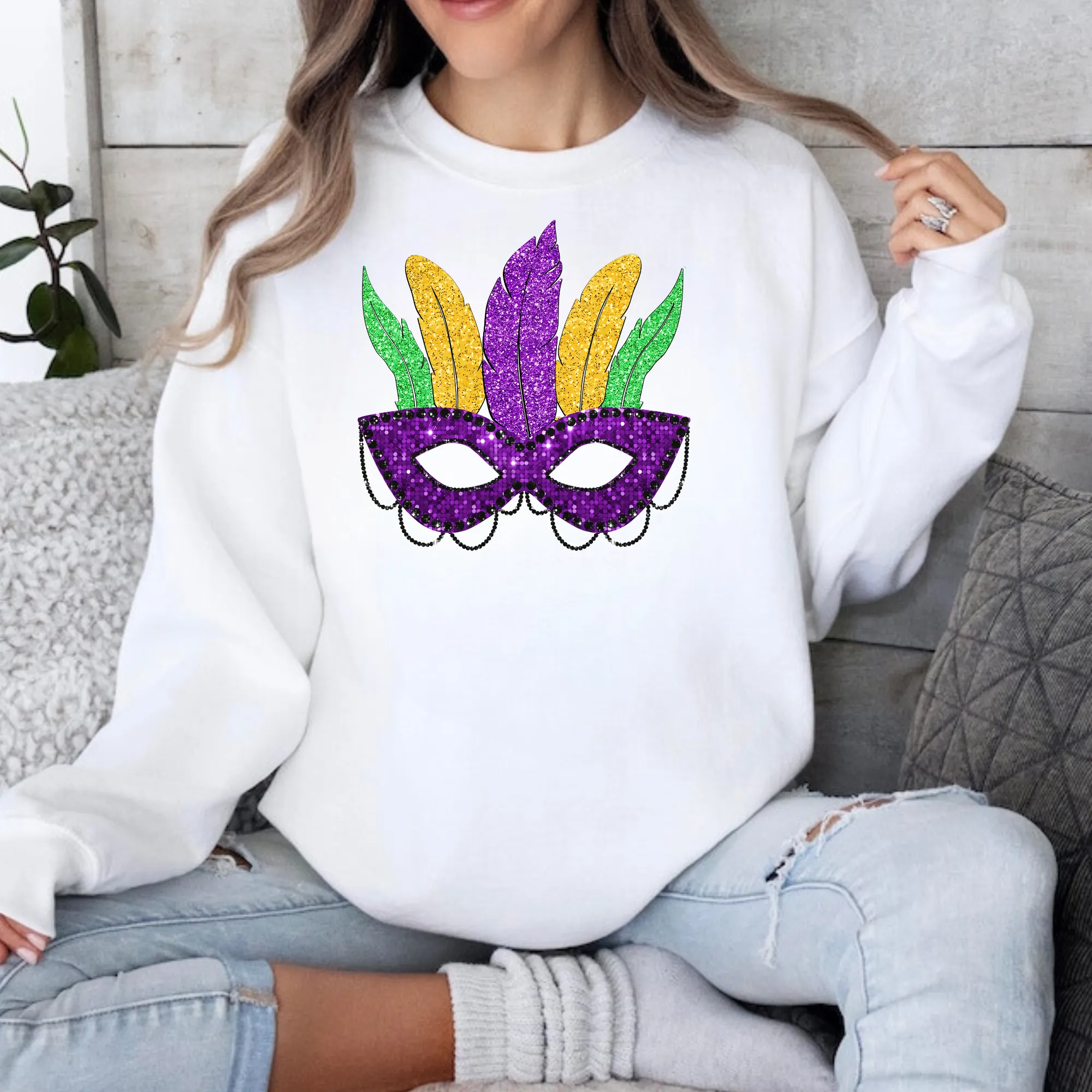 Faux Glitter Mardi Gras Mask Sweatshirt