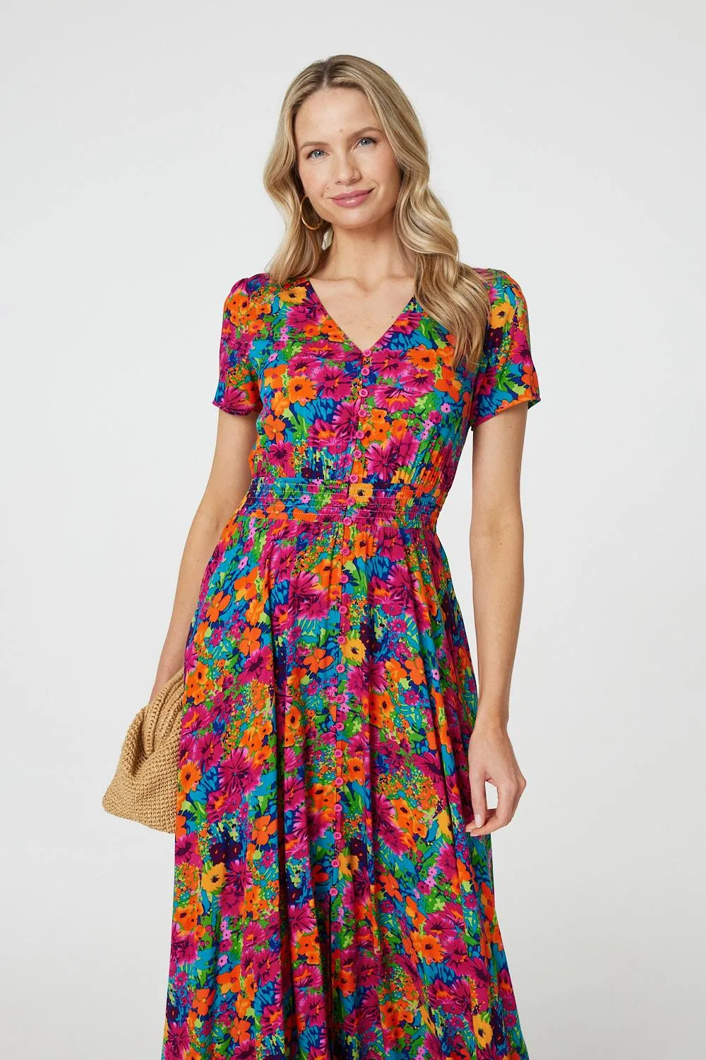 Floral V-Neck Short Sleeve Maxi Dress