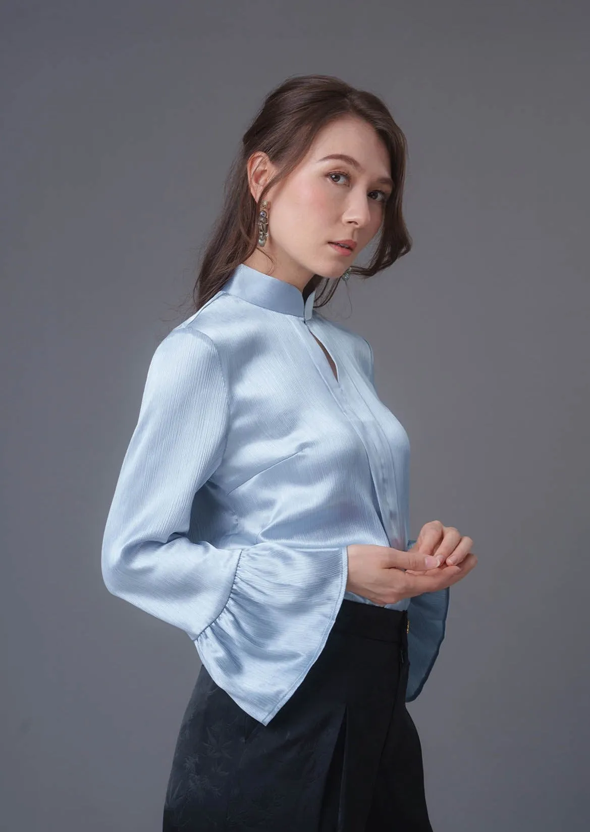 Flounce Sleeves Satin Mandarin Blouse (Light Blue)