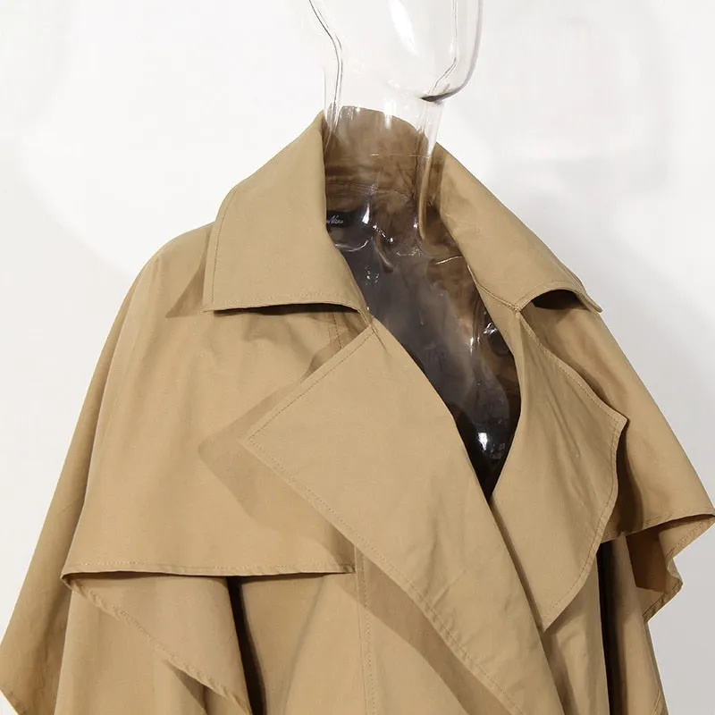 Khaki Ruffle Cloak Windbreaker For Women Notched High Waist Ruched Belt Bowknot Trench Coat Female Fashion