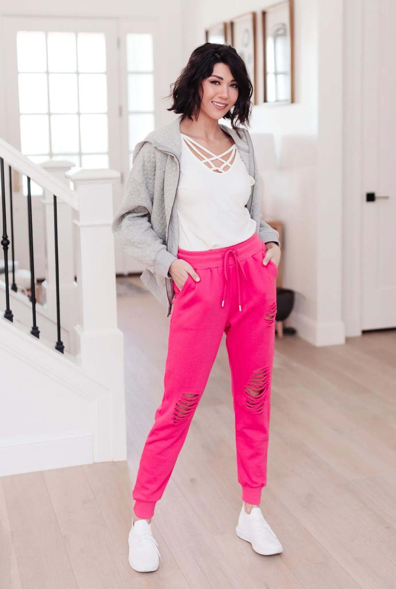 Kick Back Distressed Joggers Hot Pink