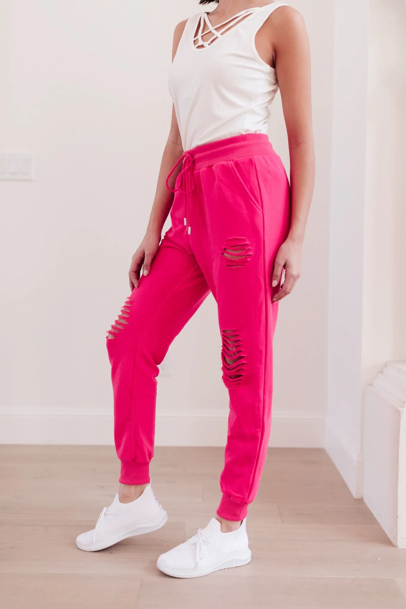 Kick Back Distressed Joggers Hot Pink