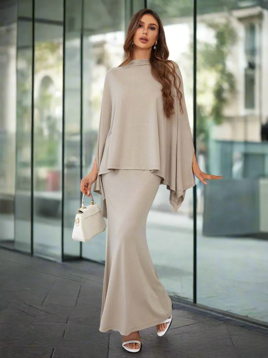 Ladies Solid Color Batwing Sleeve Top And Skirt Set