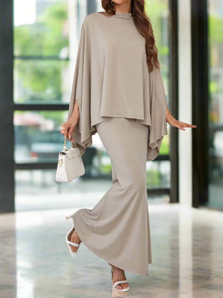 Ladies Solid Color Batwing Sleeve Top And Skirt Set