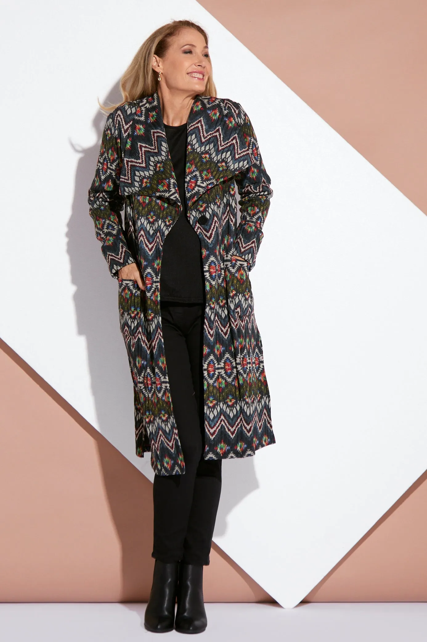 Lara Fleece Trench Coat - Navy Aztec