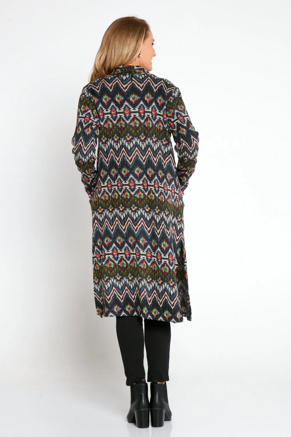 Lara Fleece Trench Coat - Navy Aztec