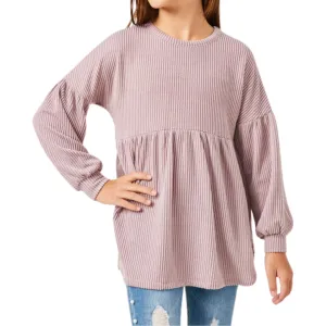 Mauve Textured Stripe Baby Doll Long Sleeve Top