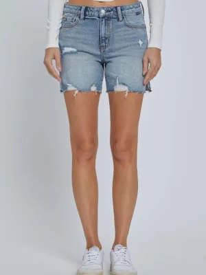 Mid Rise Midi Short with Side Slit - Medium Denim