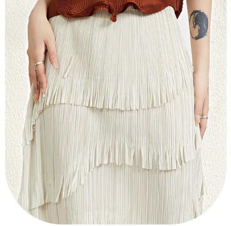 Miyake Pleated Color Block Tassel Layered Skirt