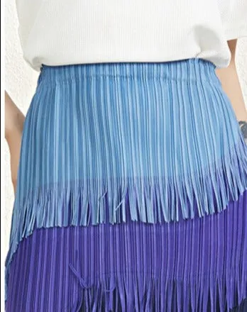 Miyake Pleated Color Block Tassel Layered Skirt