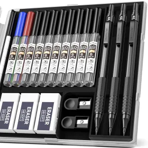 Nicpro Black Metal 2.0 Mechanical Pencil Set with Case, 3 PCS Drafting Lead Holder with 2mm Graphite Lead Refill (HB 2H 4H 2B 4B) & Colors, Sharpeners, Erasers for Artist Writing, Drawing, Sketching