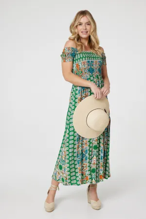 Printed Bardot Smocked Maxi Dress