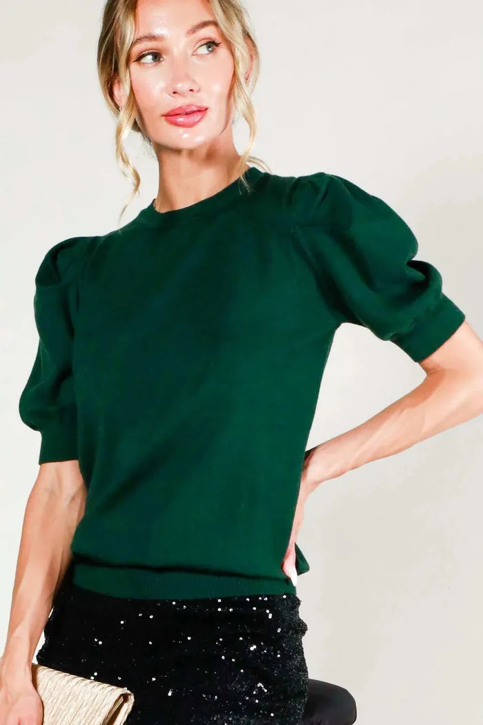 Puff short sleeve sweater top (Taupe & Hunter Green)