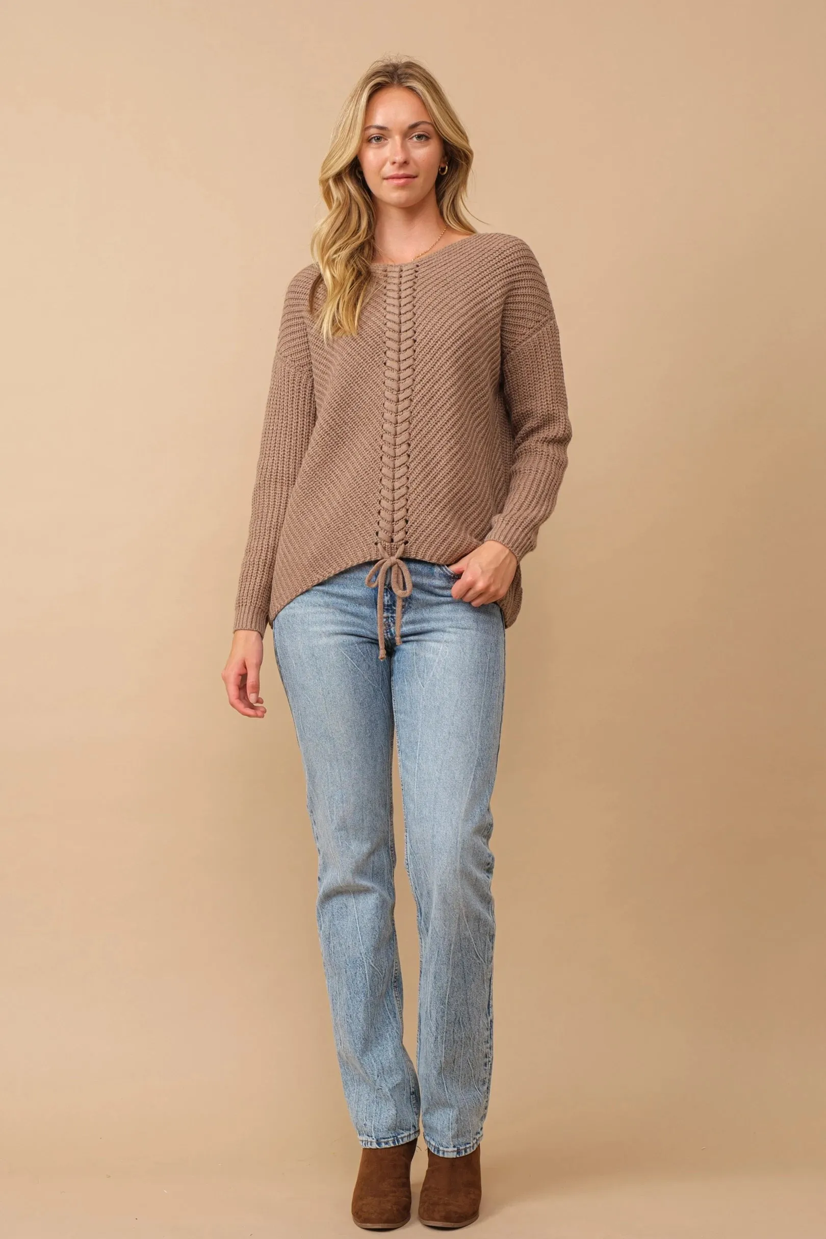 Ribbed knit round neck sweater with center lace-up detail