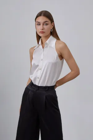 Sleeveless Silky Blouse With Exaggerated Collar Top