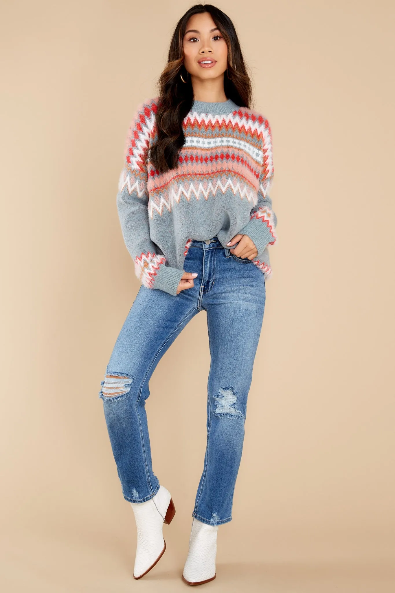 Starlit Valleys Blue And Red Print Sweater