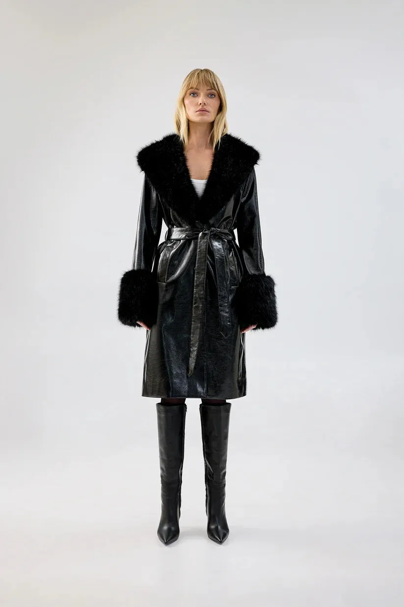 Trench Coat with Faux Cuffs and Collar - Black