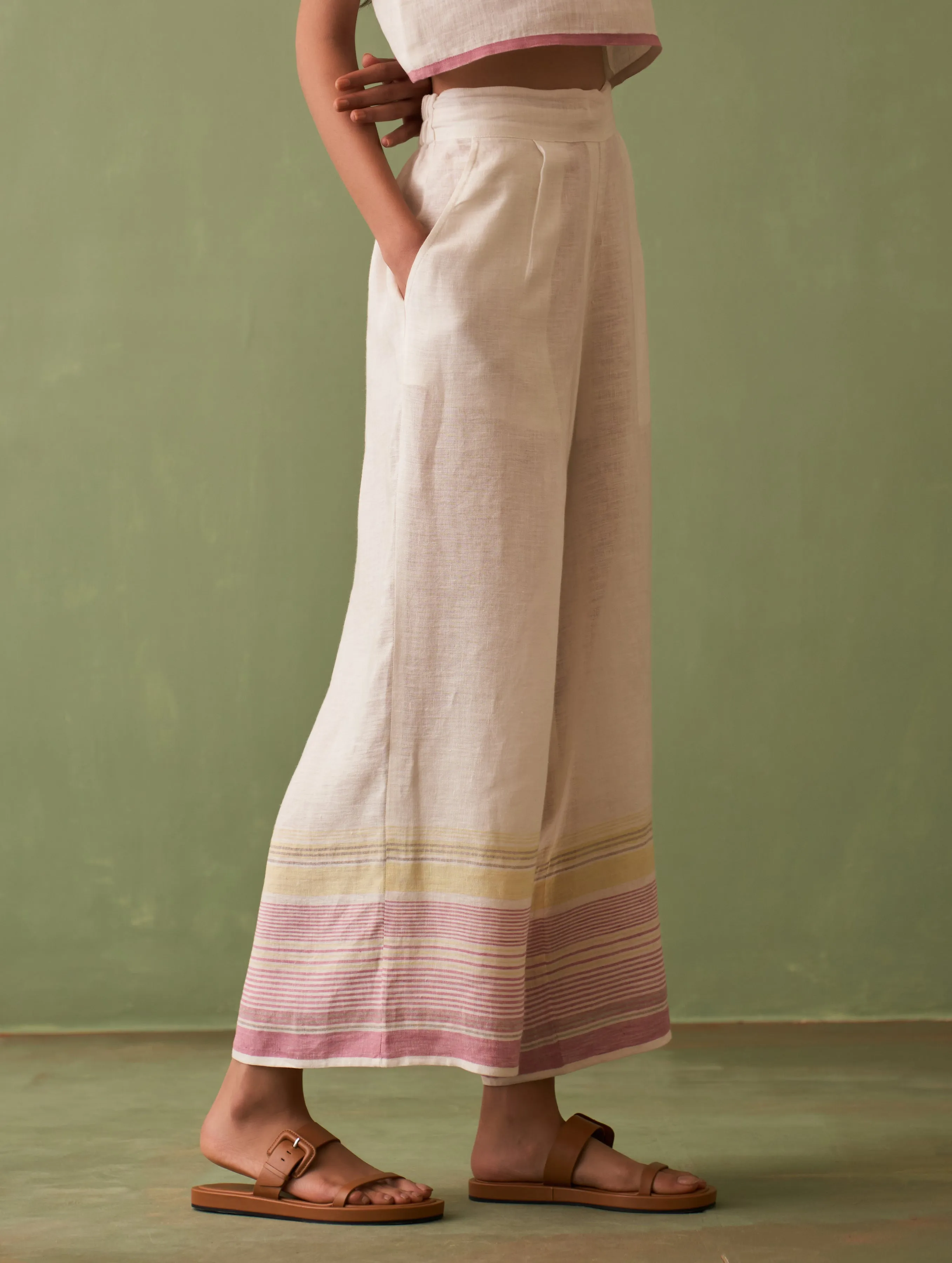 Vana Border Linen Pant - Ivory