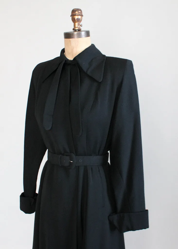 Vintage 1940s Black Wool Gabardine Princess Trench Coat