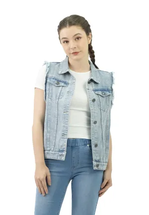 VOIR JEANS Ripped Frayed Trim Denim Vest