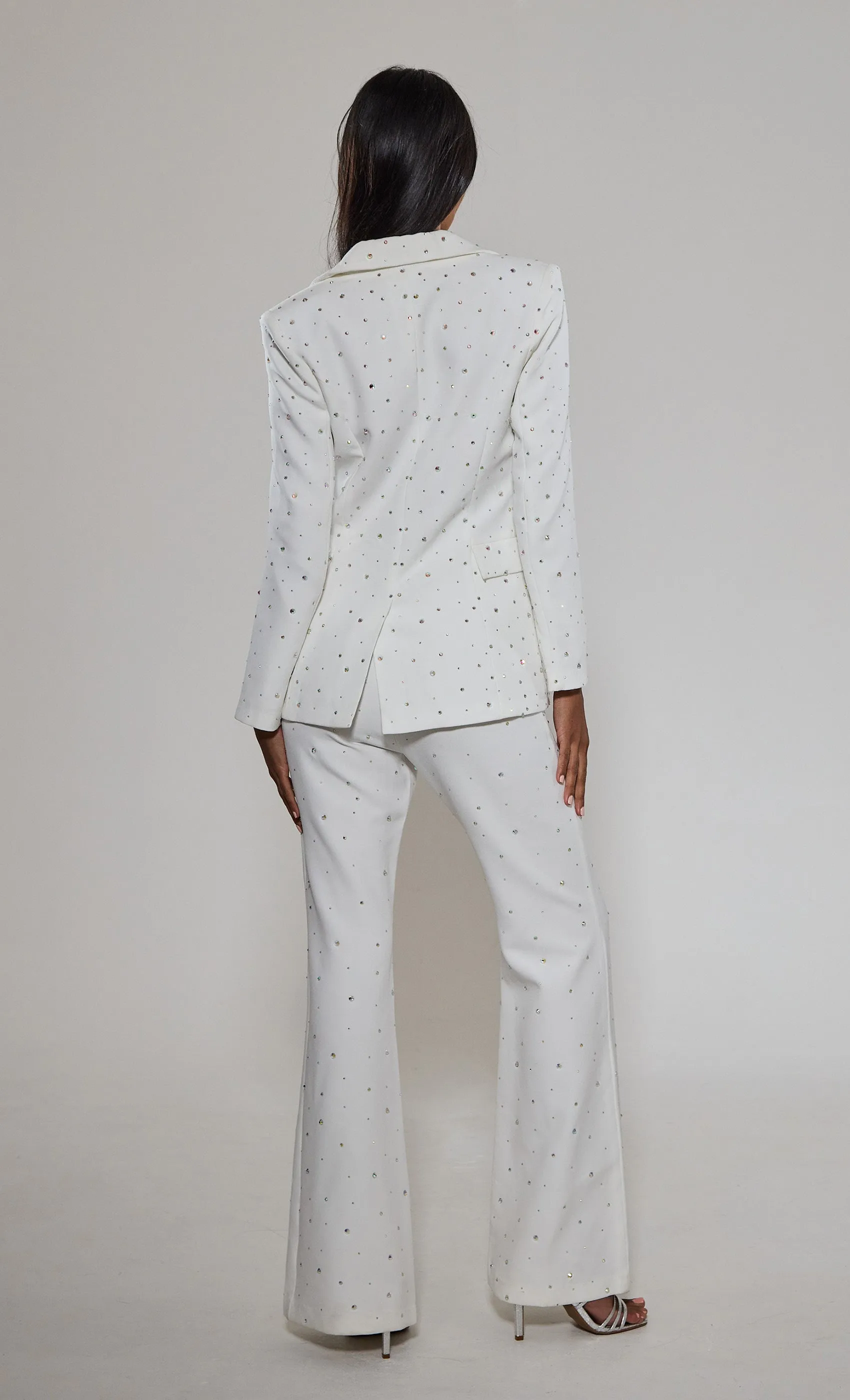 White Diamante Embellished Flared Trousers